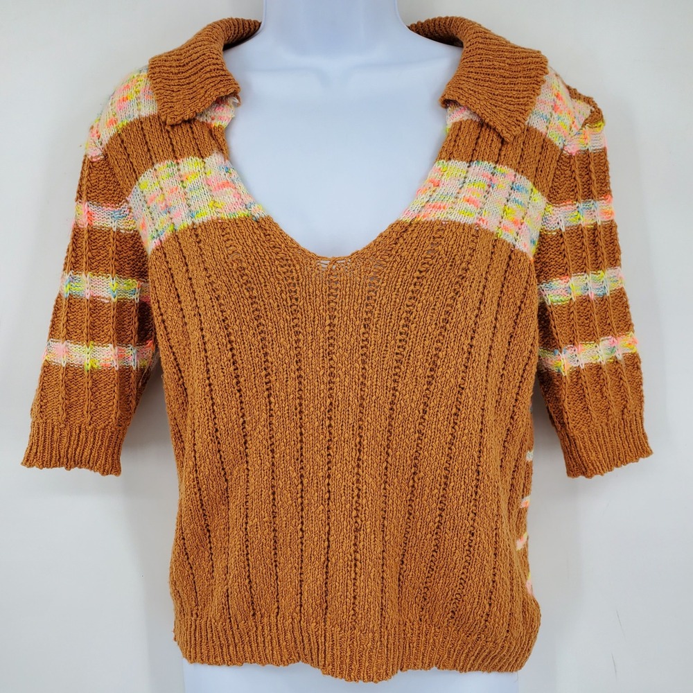 Free People Rust Multi Color Striped Knit Polo Sweater Short Sleeve Medium‎ Boho